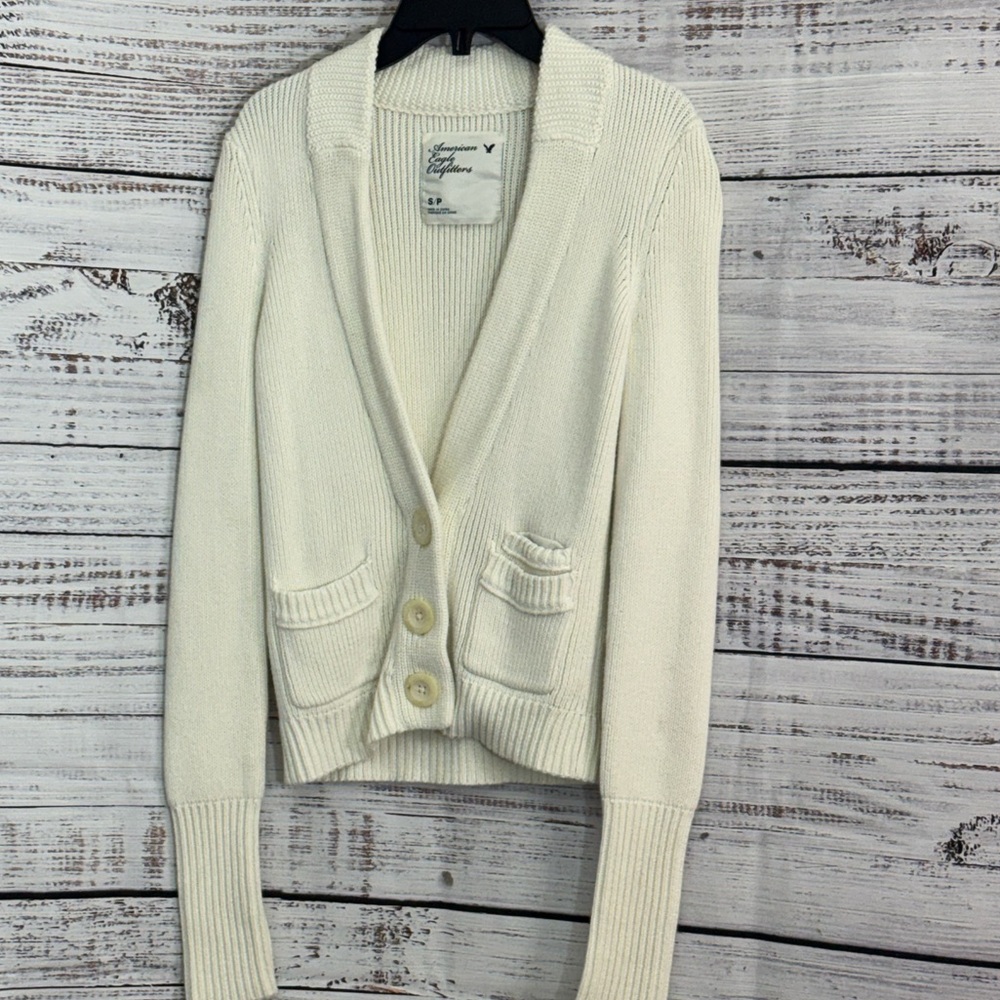 American Eagle Outfitters Cardigan Womens‎ Sz S Ivory V Neck Knit Y2K sweater